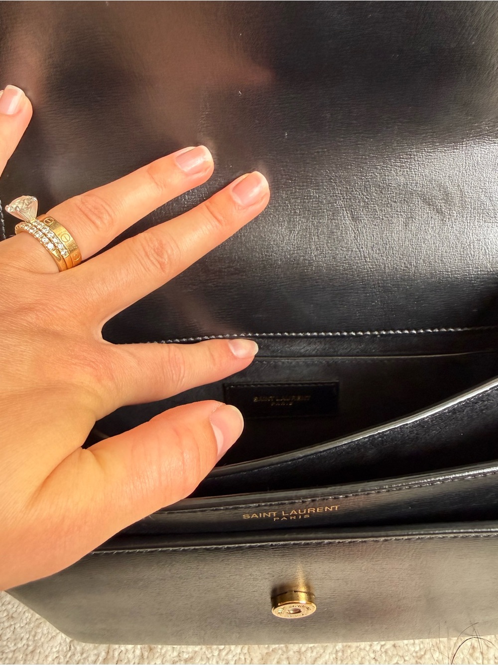 Saint Laurent Black Leather Shoulder Bag with Gold YSL Emblem - Picture 6 of 9